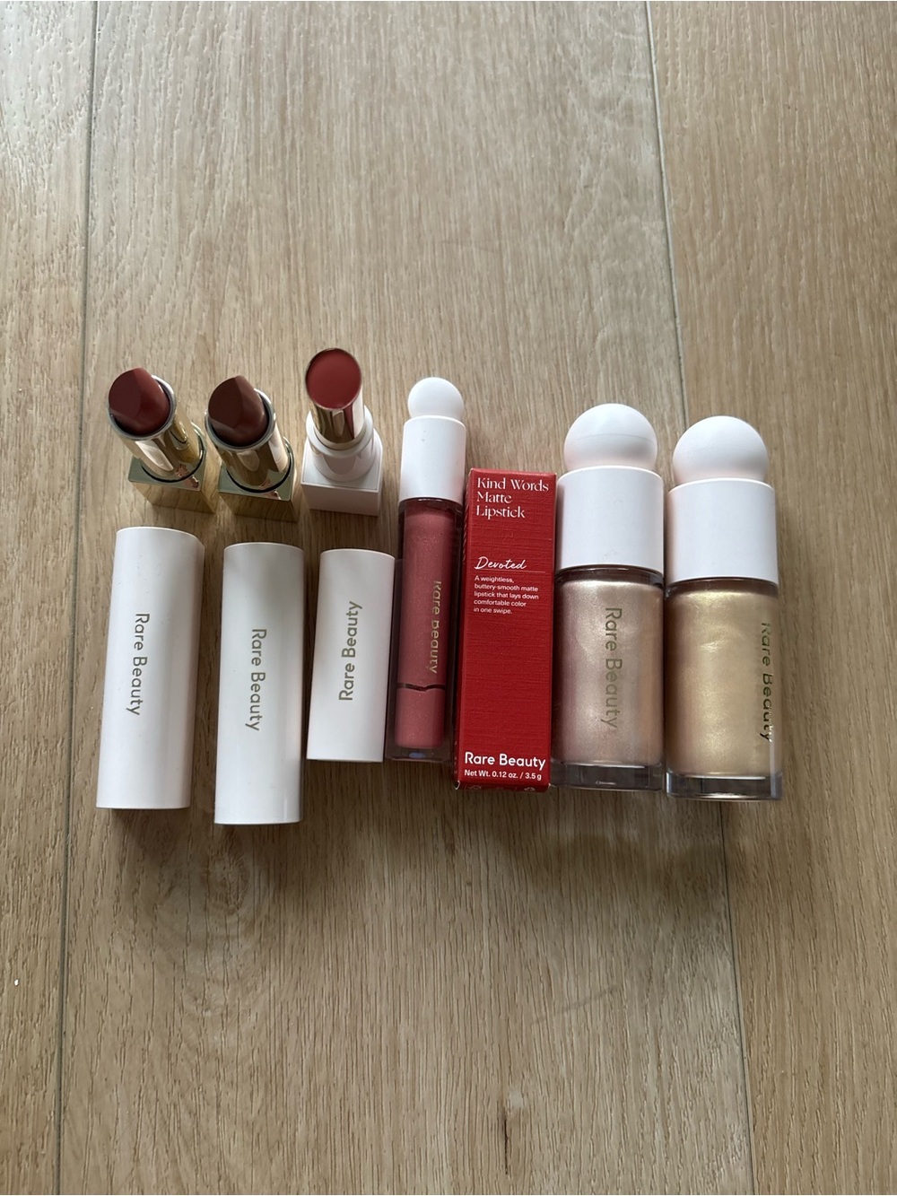 Rare Beauty Lipsticks & Liquid Highlights in Rose, Nude, Gold